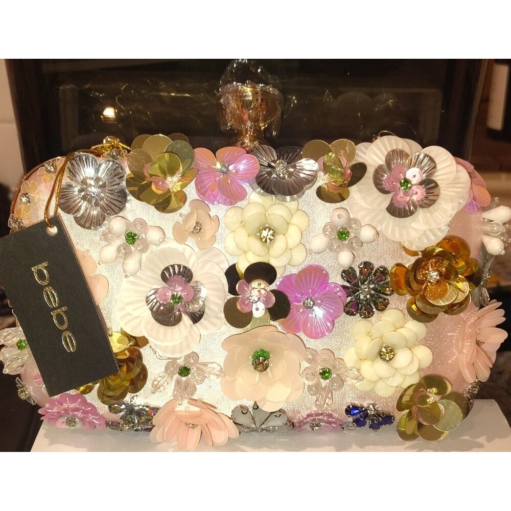 bebe Pink Floral Clutch Beaded Sequin Rhinestone Clasp Detachable Chain Strap